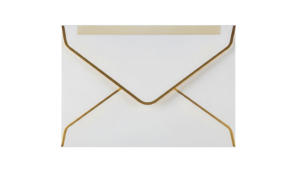 Elegant white envelope with gold trim isolated PNG, blank stationery for invitations and greetings on transparent background