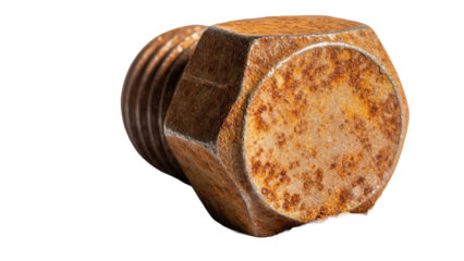 Rusty hex head bolt isolated PNG, weathered metal fastener with corrosion for industrial or construction applications on transparent background