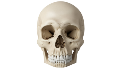Human skull isolated PNG on transparent background, anatomical model for medical study and Halloween decoration, bone structure and skeletal system