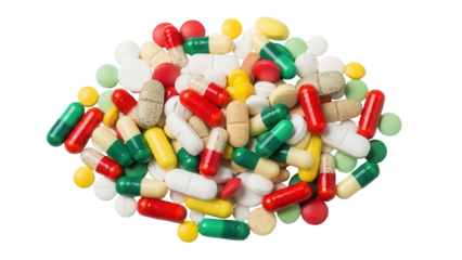 Pile of colorful pills and capsules PNG isolated on transparent background, pharmaceutical medication for health and wellness