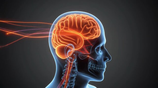 Animated 3D human head showing brain and neurological pathways