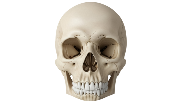 Human skull isolated PNG on transparent background, anatomical model for medical study and Halloween decoration, bone structure and skeletal system - Powered by Adobe