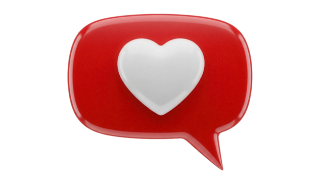 Red speech bubble with white heart isolated PNG, social media like icon on transparent background, love notification for app design