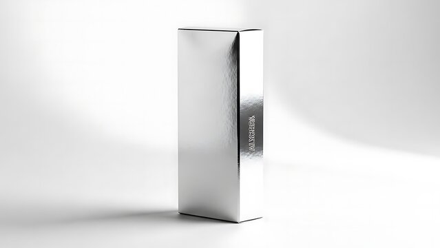 Elegant silver foil tall product packaging mockup standing against a clean bright white studio background