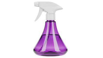 Purple spray bottle PNG isolated on transparent background, cleaning and gardening tool for household and personal care use