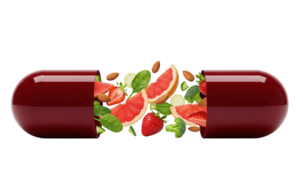 Open maroon capsule with fruits and vegetables isolated PNG, healthy diet supplement on transparent background, vitamins and minerals