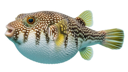 Spotted pufferfish PNG isolated on transparent background, marine wildlife with brown spots and yellow fins, tropical sea creature