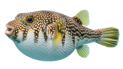 Spotted pufferfish PNG isolated on transparent background, marine wildlife with brown spots and yellow fins, tropical sea creature