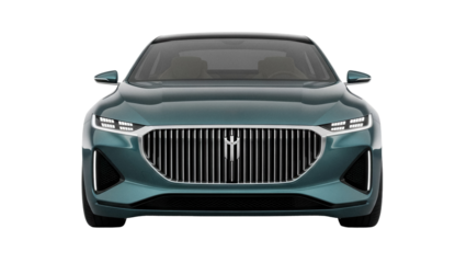Modern green car PNG isolated on transparent background, luxury sedan with chrome grille for automotive design and advertising use