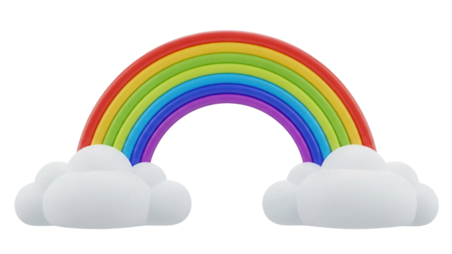 Colorful rainbow with clouds isolated PNG, vibrant spectrum arch on transparent background for weather and fantasy themed designs