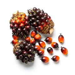 Glossy oil palm fruits in vibrant clusters, ranging from deep red to orange, displayed on white background, highlighting their fibrous core and rich oil content.