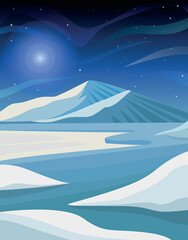 Obraz premium Winter night landscape with snowy mountains and frozen river
