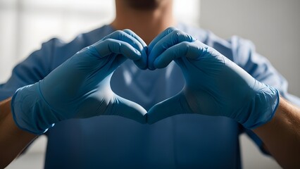 Gloved hands form a heart against blurred blue scrubs, symbolizing compassion, care, and medical dedication
