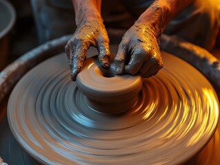 Expert potter shaping clay with spinning wheel creating art with passion and skill showcasing craftsmanship