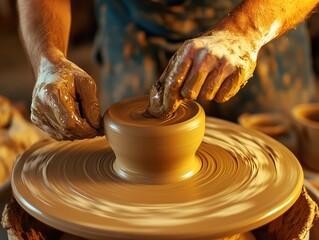 Master craftsman shapes clay on pottery wheel, creating stunning art with skilled hands in artisan workshop