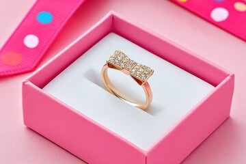 Rose Gold Ring with Diamond Bow Accent in Open Pink Gift Box with Polka Dot Ribbon Spotlight Effect Studio Lighting Soft Focus Background