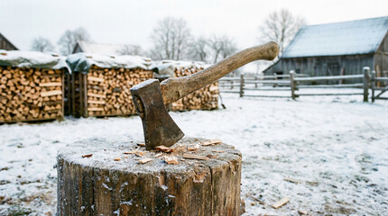 Snowy winter axe stump with stacked firewood behind