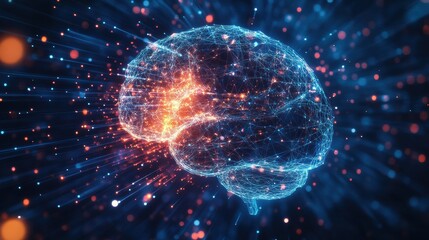 Futuristic AI Brain with Glowing Wireframe Network