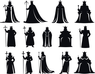 Royal silhouette icon set, king and queen figure collection, crown and throne posture graphics, cad drawing flat vector illustration
