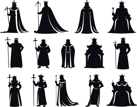 Royal silhouette icon set, king and queen figure collection, crown and throne posture graphics, cad drawing flat vector illustration