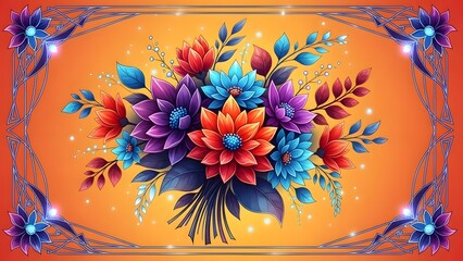 Vibrant bouquet of stylized jewel toned flowers framed by an elegant art nouveau border against a warm orange background