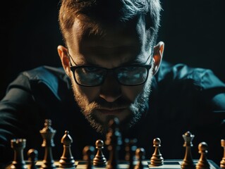 Intense strategic thinking man playing chess in dramatic lighting for problem solving solutions concept