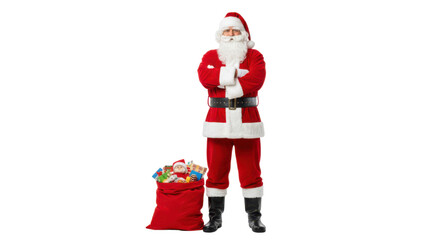 Santa Claus in red suit with arms crossed and sack of gifts, isolated on white