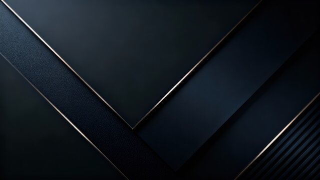 Deep navy blue geometric abstract composition showing overlapping textured panels accentuated by reflective gold trim lines creating depth.