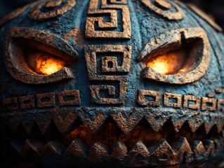 Intricate stone pumpkin with glowing eyes for a spooky Halloween celebration decoration or themed event prop