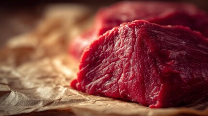 Fresh Lean Cuts of Red Meat on Brown Paper with Warm Lighting for Culinary Inspiration and Recipe Development in Food Photography