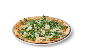 Delicious italian pizza with fresh arugula and parmesan cheese isolated on white background