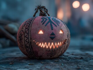 Spooky carved Halloween pumpkin with tribal pattern glowing on dark night creating a festive atmosphere