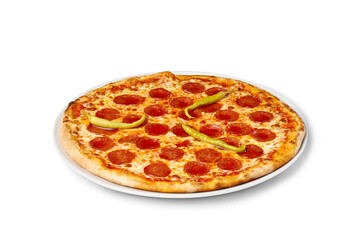 Round pepperoni pizza with melted cheese and spicy peppers served on a white background
