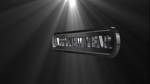 Elegant 3d happy birthday text in silver on dark background with light effects and particles