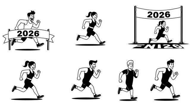 Diverse group of happy runners celebrating new year 2026 race finish line success achievement set on white background for new year celebrations - Powered by Adobe