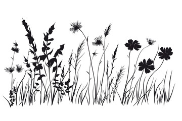 Botanical silhouette art: A minimalist yet elegant botanical illustration featuring a diverse array of delicate wildflowers and grasses, conveying a sense of natural beauty and serenity.