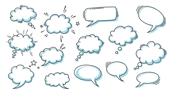 A complete set of comic-style speech bubbles and thought clouds with blue shadows, hand-drawn in a doodle or sketch style for dialogue and communication concepts.