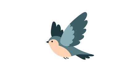 Obraz premium A charming and simple illustration of a cute flying bird with blue and grey feathers and a pink breast, captured in mid-flight on a clean white background.