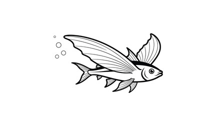Obraz premium A dynamic black and white line art illustration of a flying fish gliding above the water with its wing-like fins spread, capturing a moment of aerial movement.