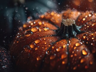 Dramatic close up of a pumpkin glistening with raindrops in moody lighting perfect for autumn themes
