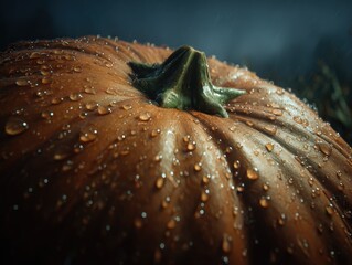 Fresh orange pumpkin glistens with raindrops, perfect for autumn harvest and Halloween season themes