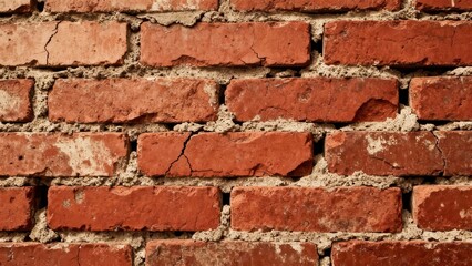 Obraz premium Weathered, historic, red clay brick wall showing rough texture and chipped, cracked tan mortar in a tight pattern.