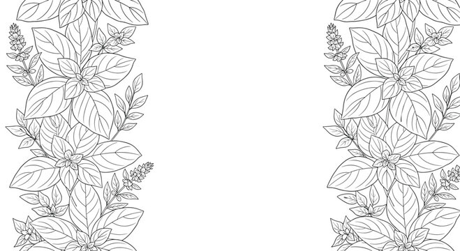 A minimalist black and white frame or border made from hand-drawn basil plant outlines, creating a simple and elegant design with copy space for text. - Powered by Adobe
