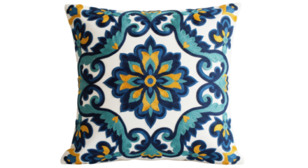 Embroidered white pillow with blue yellow and teal floral pattern cushion textile, Isolated On Png Transparent Background