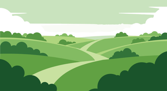 Peaceful and serene cartoon landscape of rolling green hills with a winding path under a cloudy sky in a simple, flat design style.