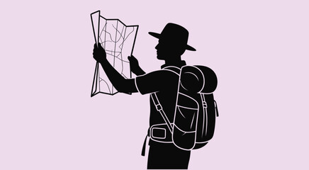 silhouette of a female traveler looking at a map, symbolizing navigation, vacation planning, exploration, world travel inspiration, and modern vector illustration ideal for travel branding.