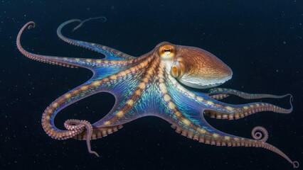Fototapeta premium A vibrant octopus swimming in the dark ocean with its tentacles spread out.