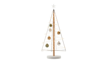 Modern Minimalist Gold Wireframe Christmas Tree Product Shot with Ornaments and Fairy Lights isolated on White Background