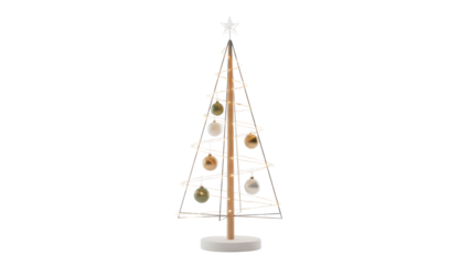 Modern Minimalist Gold Wireframe Christmas Tree Product Shot with Ornaments and Fairy Lights isolated on White Background
