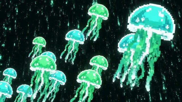Retro 8-bit pixel art jellyfish swimming against digital green rain background